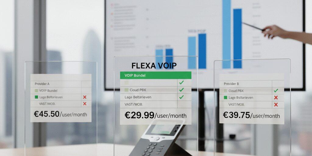 Zakelijke telefonie kosten vergelijken Zakelijke telefonie kosten vergelijken doe je slim met ons. Wij maken helder wat je betaalt voor VoIP, cloud telefooncentrale en bundels. Met Flexa Voip zie je snel waar je bespaart. Wij vergelijken beltarieven vast en mobiel, SIP trunk, Microsoft Teams, CRM integratie en IVR. Plus installatie, nummerportering, contractduur, opzegtermijn, SLA,…
