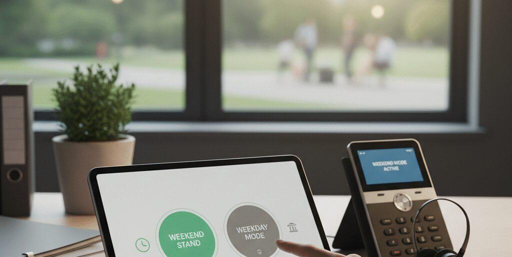 Weekendstand telefonie Weekendstand telefonie van Flexa Voip geeft je grip op bereikbaarheid in het weekend. Met een tik zet je de telefooncentrale om. Klanten krijgen direct de juiste route. Weekendstand telefonie regelt IVR keuzemenu, wachtrij, doorschakelen, voicemail naar mail en planning voor openingstijden en feestdagen. Via app en softphone beheer je callflow…