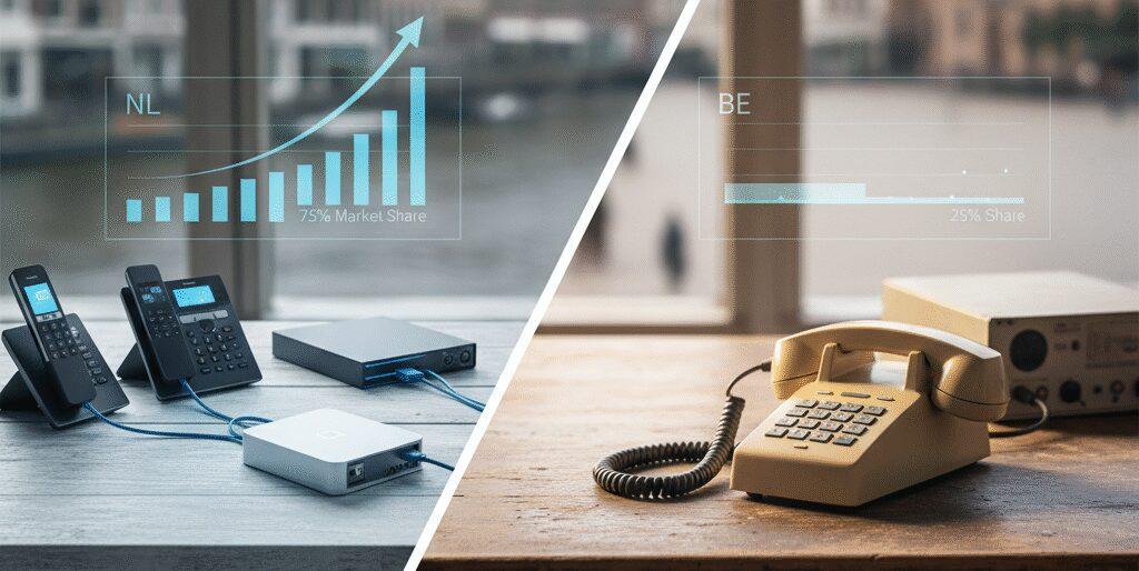 Wil je weten wat de verschillen in marktaandeel van VoIP tussen NL en BE zijn? Je kijkt naar twee totaal uiteenlopende markten. In Nederland groeit VoIP telefonie al jaren explosief en zijn aanbieders als KPN, T-Mobile en Voys echte dominante spelers. Terwijl in België aanbieders zoals Proximus, edpnet en Destiny&hellip;
