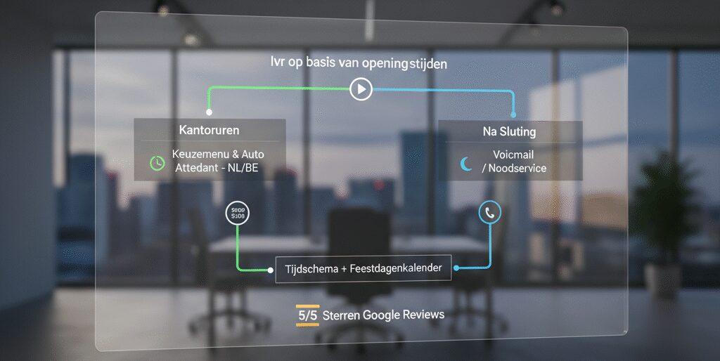 Ivr op basis van openingstijden stuurt bellers juist. Bij Flexa Voip richten wij keuzemenu en auto attendant in voor kantooruren en na sluiting in Nederland en België. Google reviews vijf op vijf. Tijdschema plus feestdagenkalender sturen wachtrij, voicemail en doorschakelen naar belgroepen, met taalkeuze. Failover via SIP trunk en nummerherkenning&hellip;